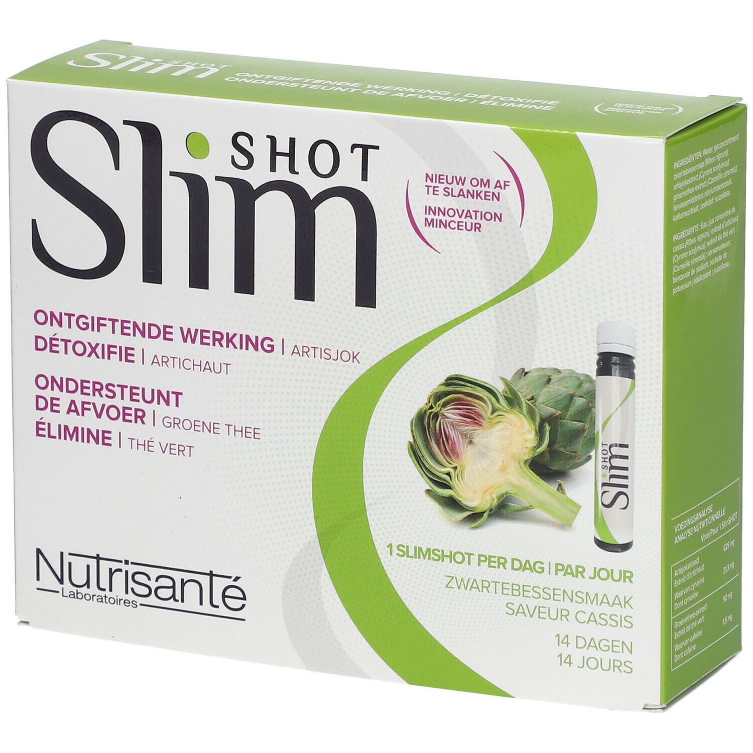 Doos Slimshot Detox. Artisjok en flesje zichtbaar. Tekst: 'Ontgiftende werking'.