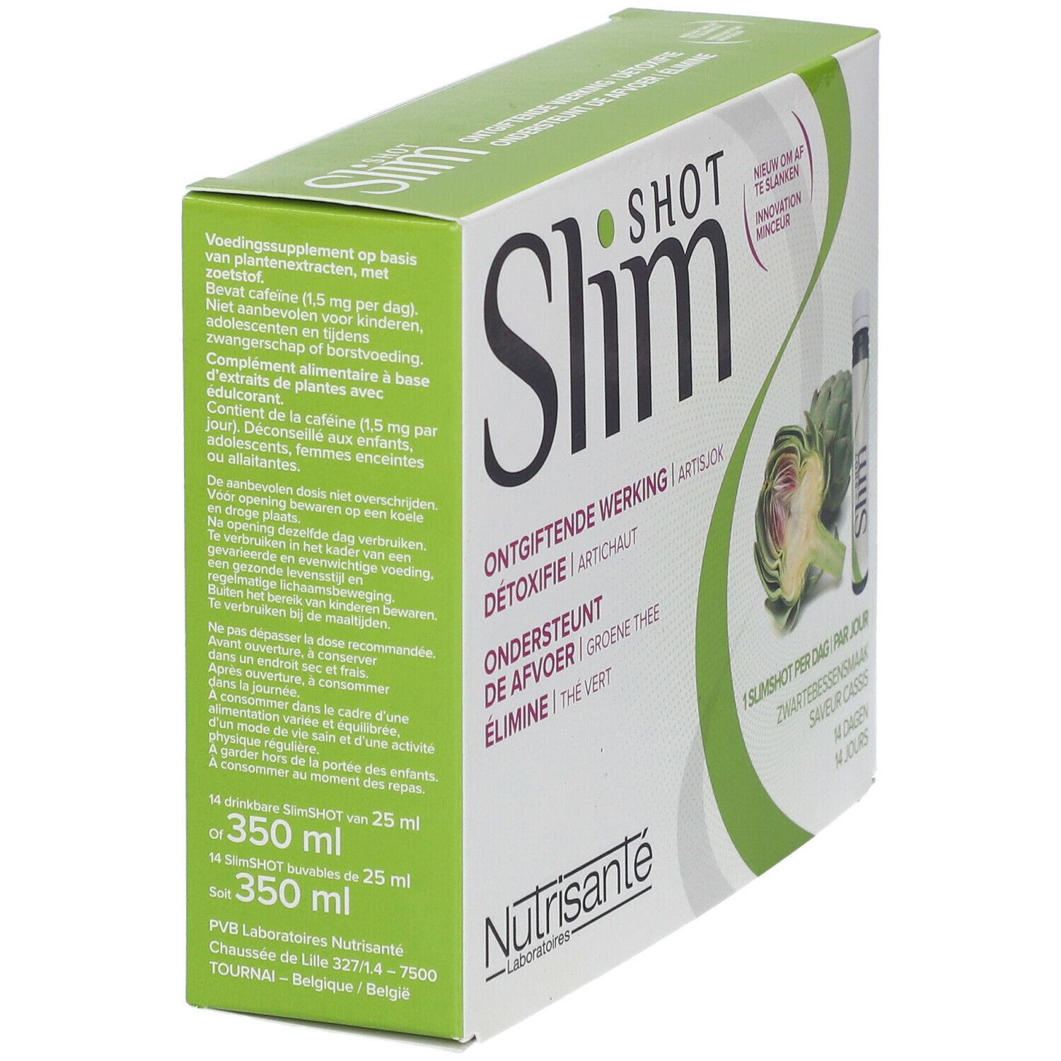 Doos Slimshot Detox, zijaanzicht. Tekst: 'Slimshot', 'Ontgiftende werking', 'Artisjok'.