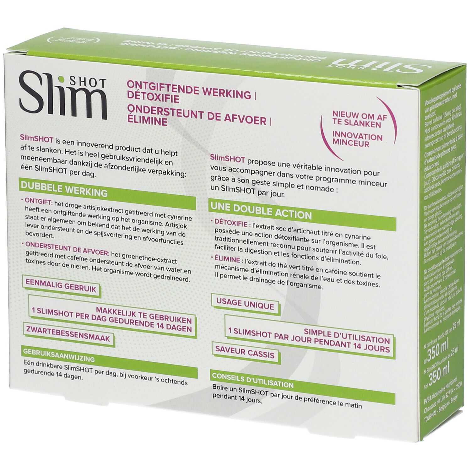 Doos Slimshot Detox. Tekst: 'Slimshot', 'Ontgiftende werking', 'Artisjok'. Gebruiksaanwijzing.