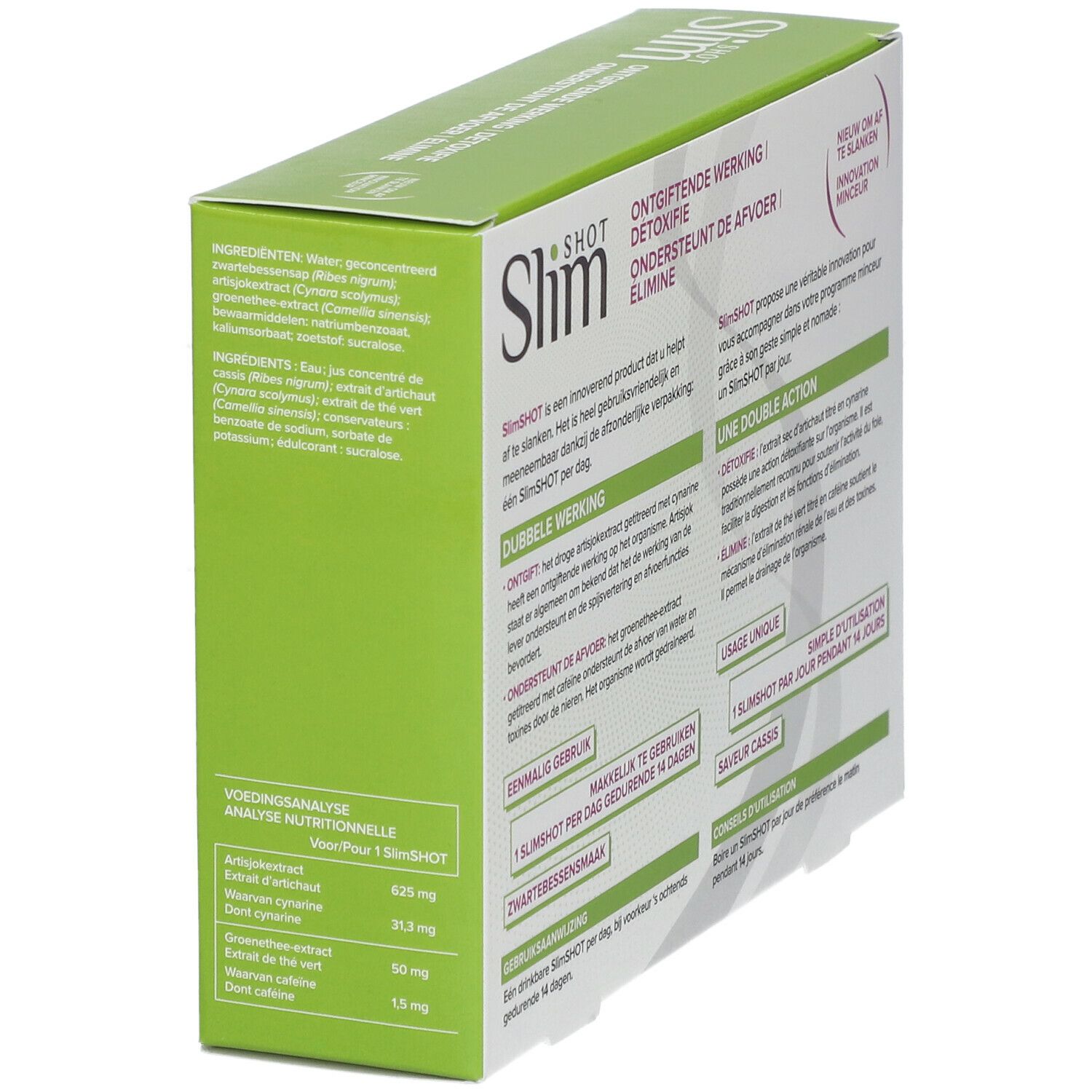 Doos Slimshot Detox, achterkant. Tekst: 'Slimshot', 'Ontgiftende werking', 'Artisjok'. Ingrediënten.