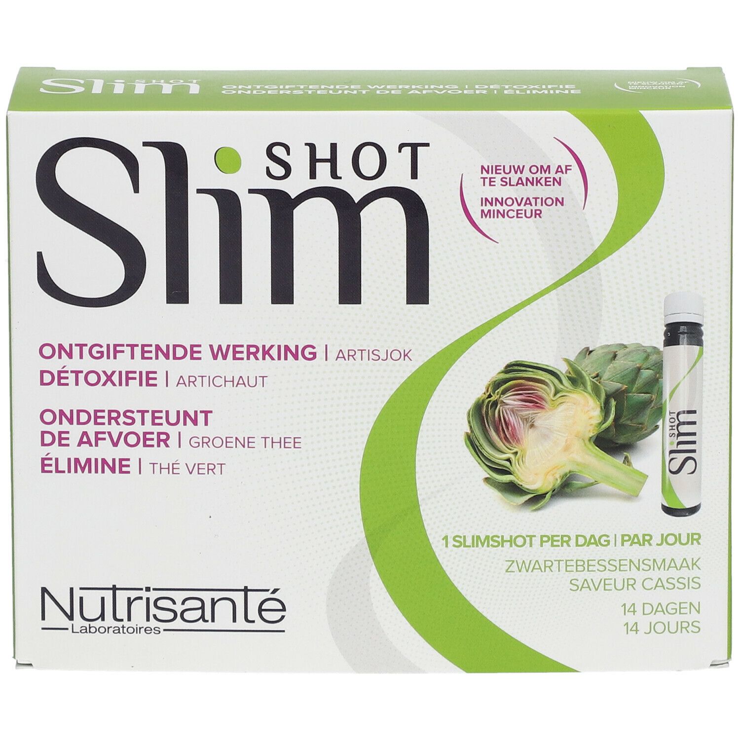 Doos Slimshot Detox. Artisjok en flesje zichtbaar. Tekst: 'Slimshot', 'Ontgiftende werking'.