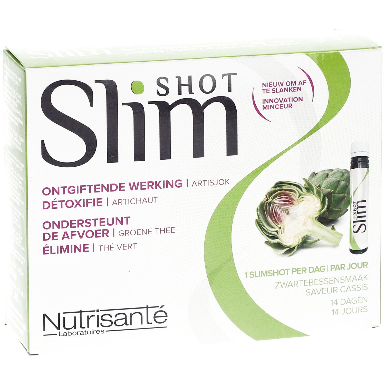 Doos Slimshot Detox. Artisjok en flesje zichtbaar. Tekst: 'Slimshot', 'Ontgiftende werking'.