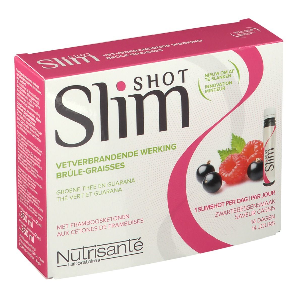Slimshot verpakking met frambozen en zwarte bessen. Bevat 14 shots. Merk: Nutrisanté.