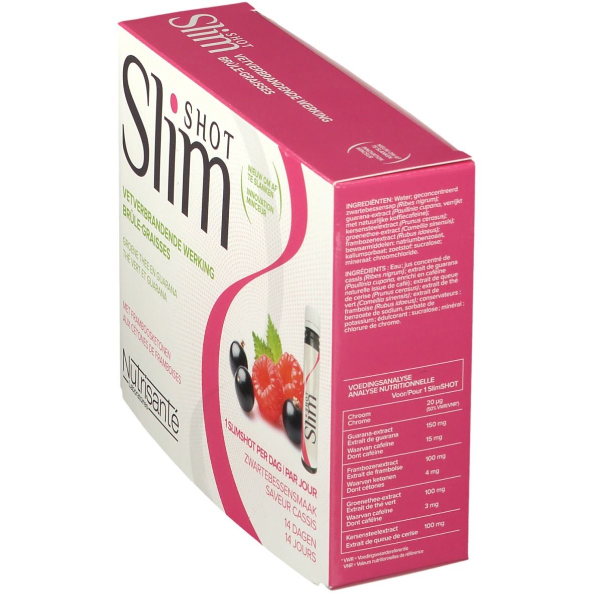 Zijaanzicht van de Slimshot verpakking. Bevat 14 shots. Ingrediëntenlijst en voedingsanalyse.