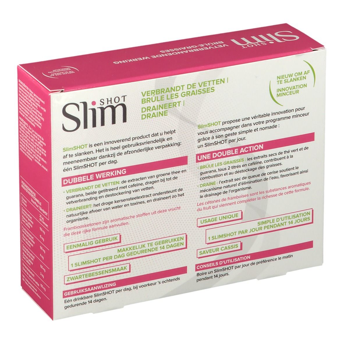 Slimshot verpakking, tekst over dubbele werking en gebruik. 14 shots, smaak zwarte bes.