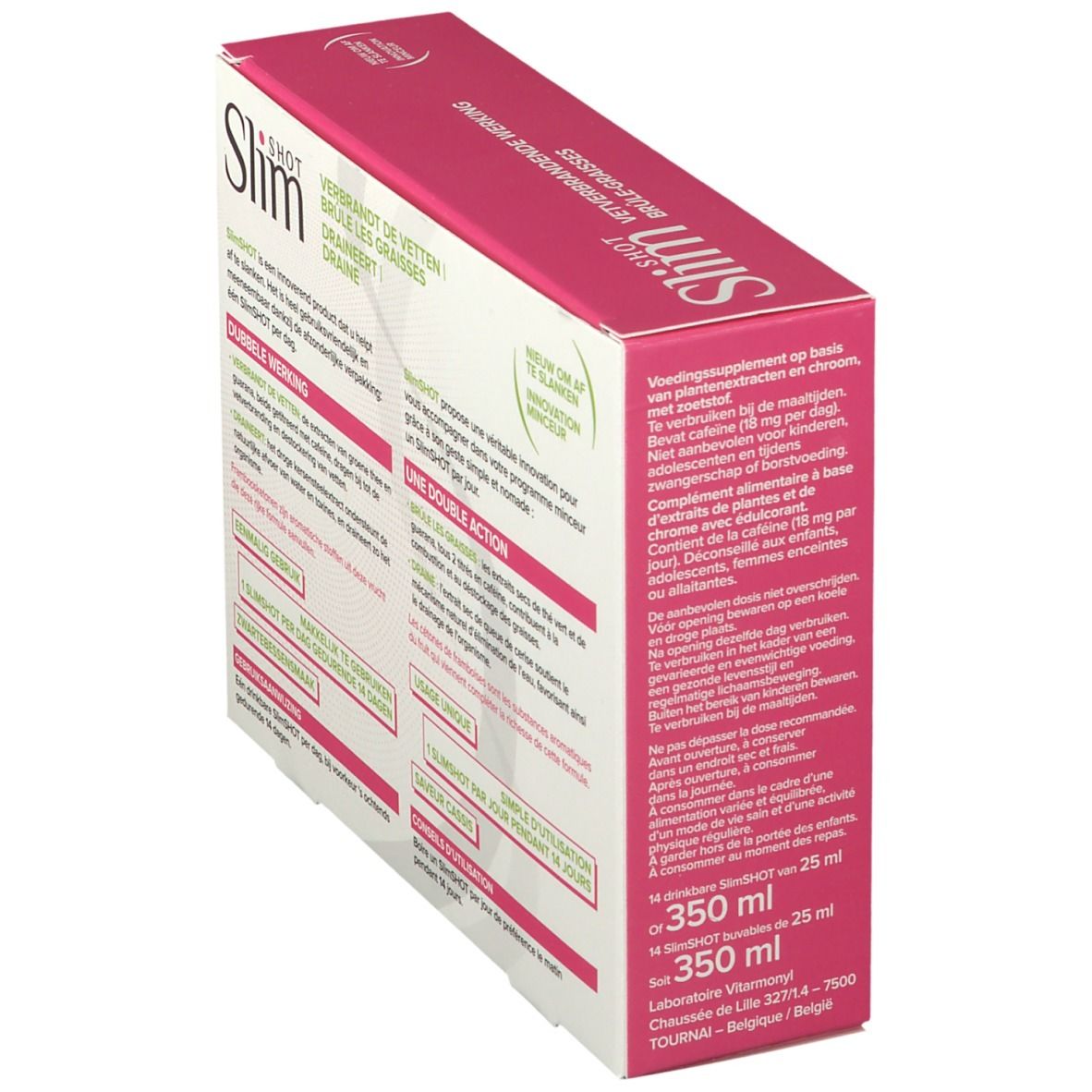 Slimshot verpakking, tekst over gebruik en waarschuwingen. 14 shots, 350 ml.