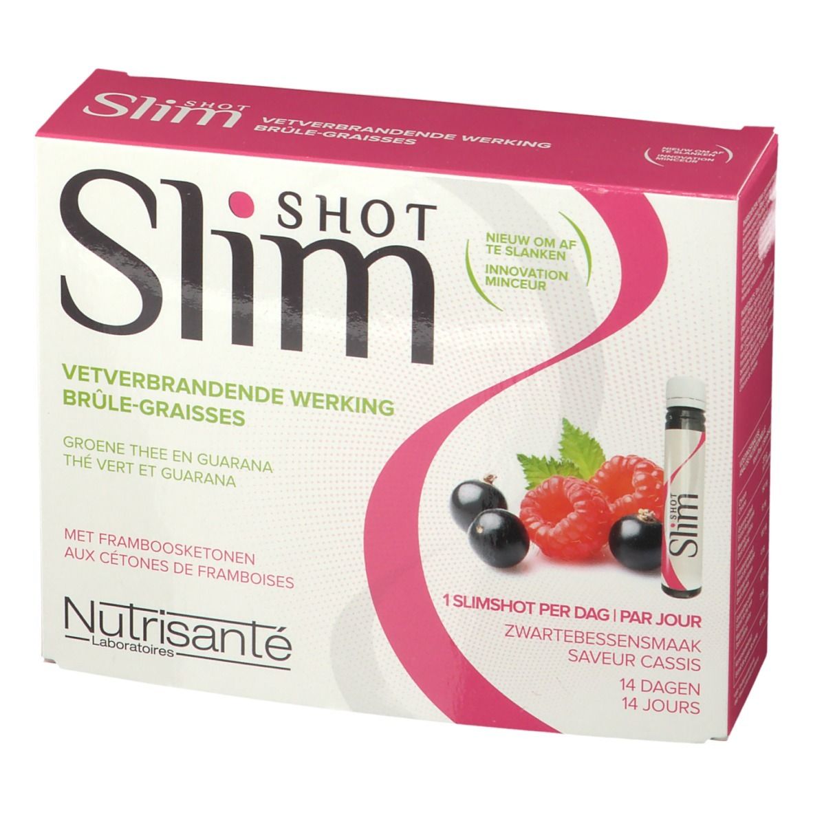 Slimshot verpakking met frambozen, zwarte bessen en een shot. 14 shots. Merk: Nutrisanté.
