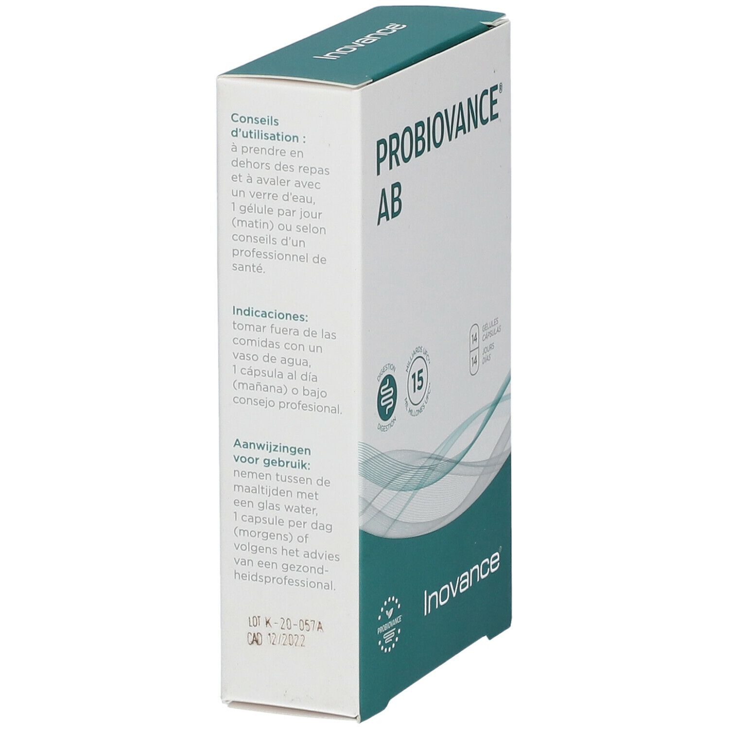 Doos "PROBIOVANCE AB" van Inovance. Zijaanzicht met tekst. Bevat 14 capsules. Meertalige instructies.