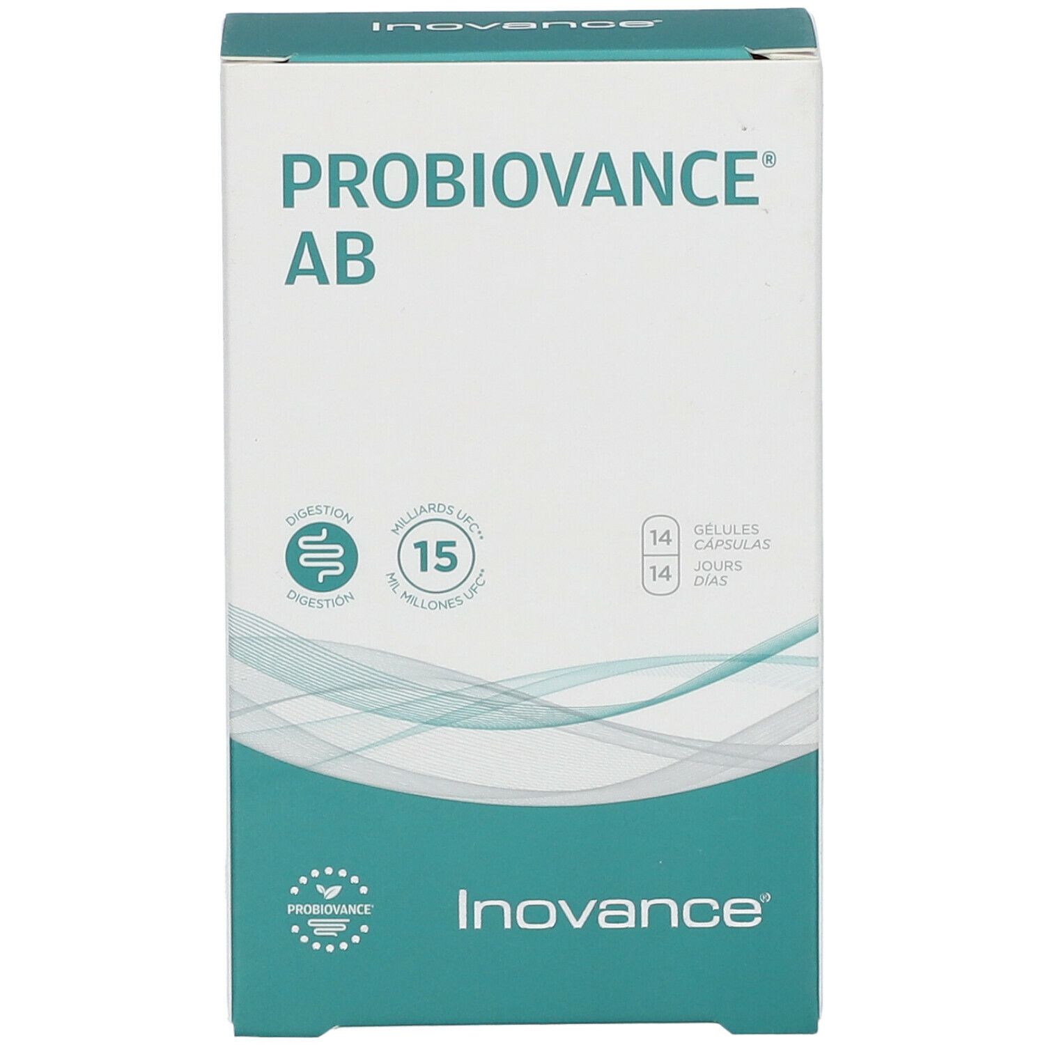 Doos "PROBIOVANCE AB" van Inovance. Bevat 14 capsules. Opschrift: 15 miljard. Spijsverteringssymbool.