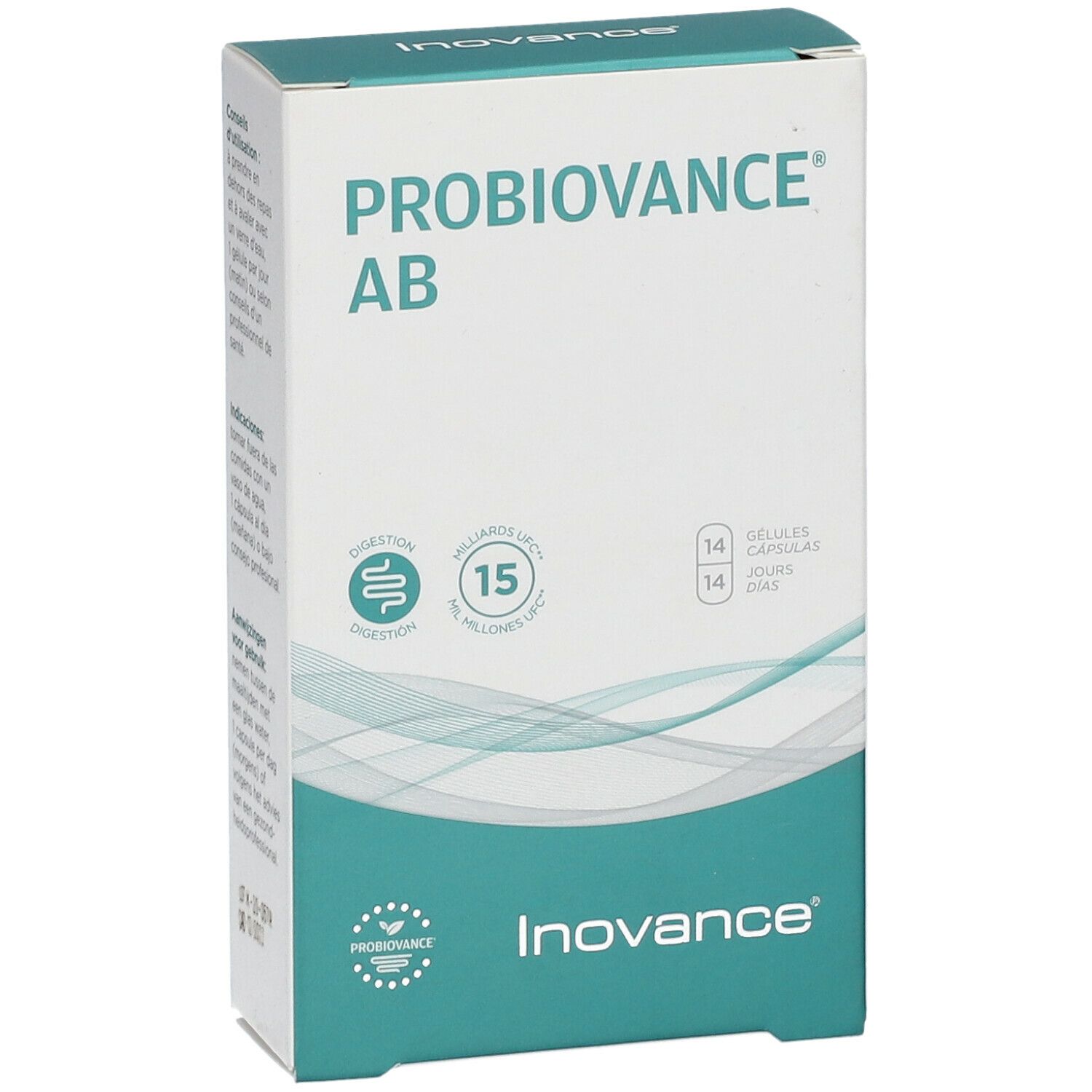 Doos "PROBIOVANCE AB" van Inovance. Bevat 14 capsules. Opschrift: 15 miljard. Spijsverteringssymbool.