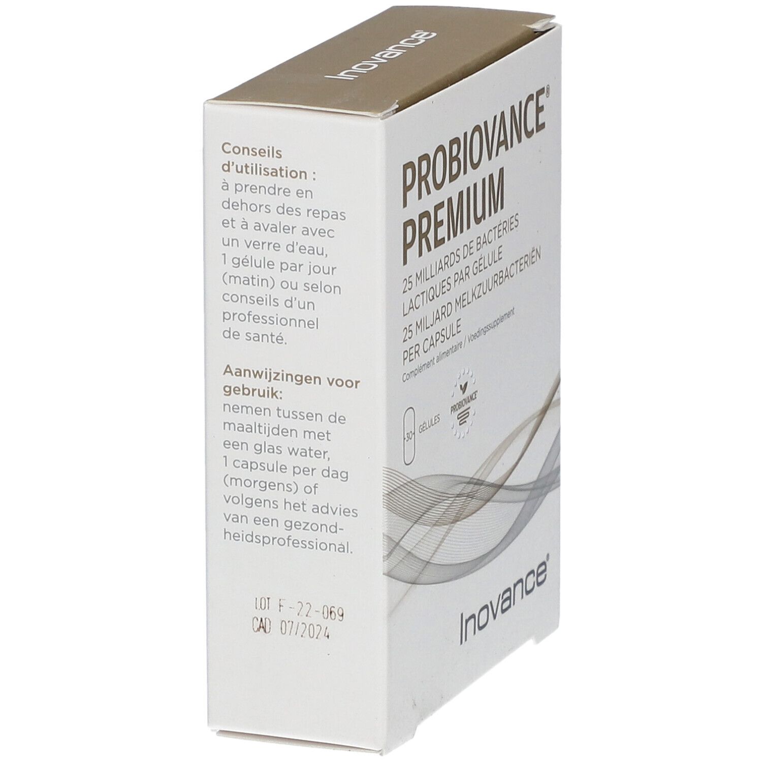 Doosje "Probiovance Premium". Tekst: "25 miljard melkzuurbacteriën per capsule". Gebruiksaanwijzing in het Frans en Nederlands.