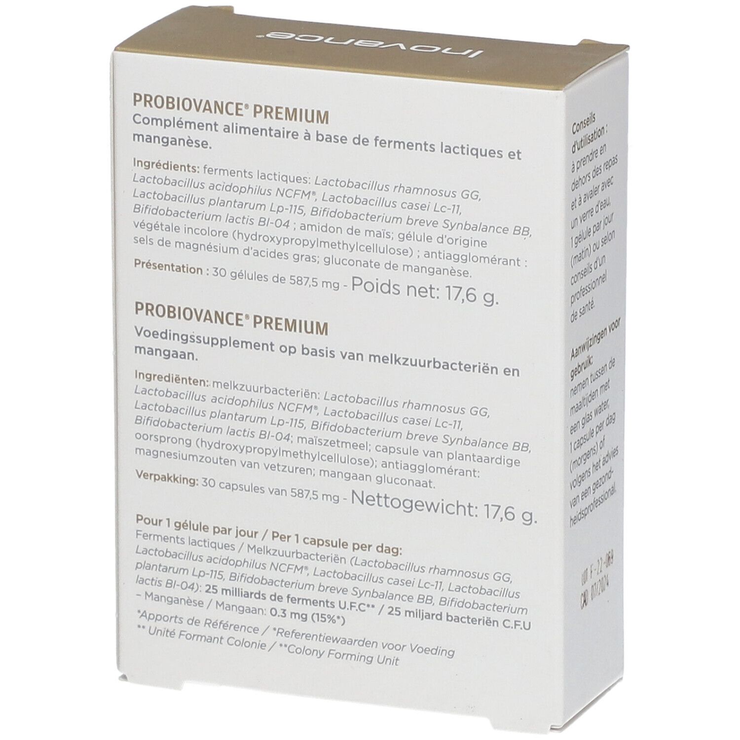 Achterkant van de verpakking "Probiovance Premium". Ingrediënten en voedingswaarde-informatie in het Frans en Nederlands.