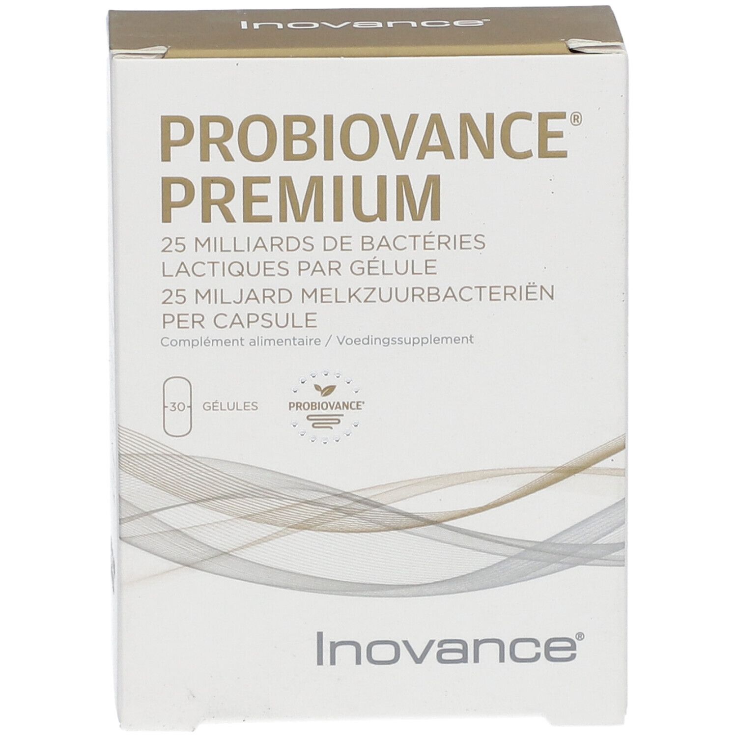 Voorkant van de doos "Probiovance Premium". Tekst: "25 miljard melkzuurbacteriën per capsule" en "30 capsules".