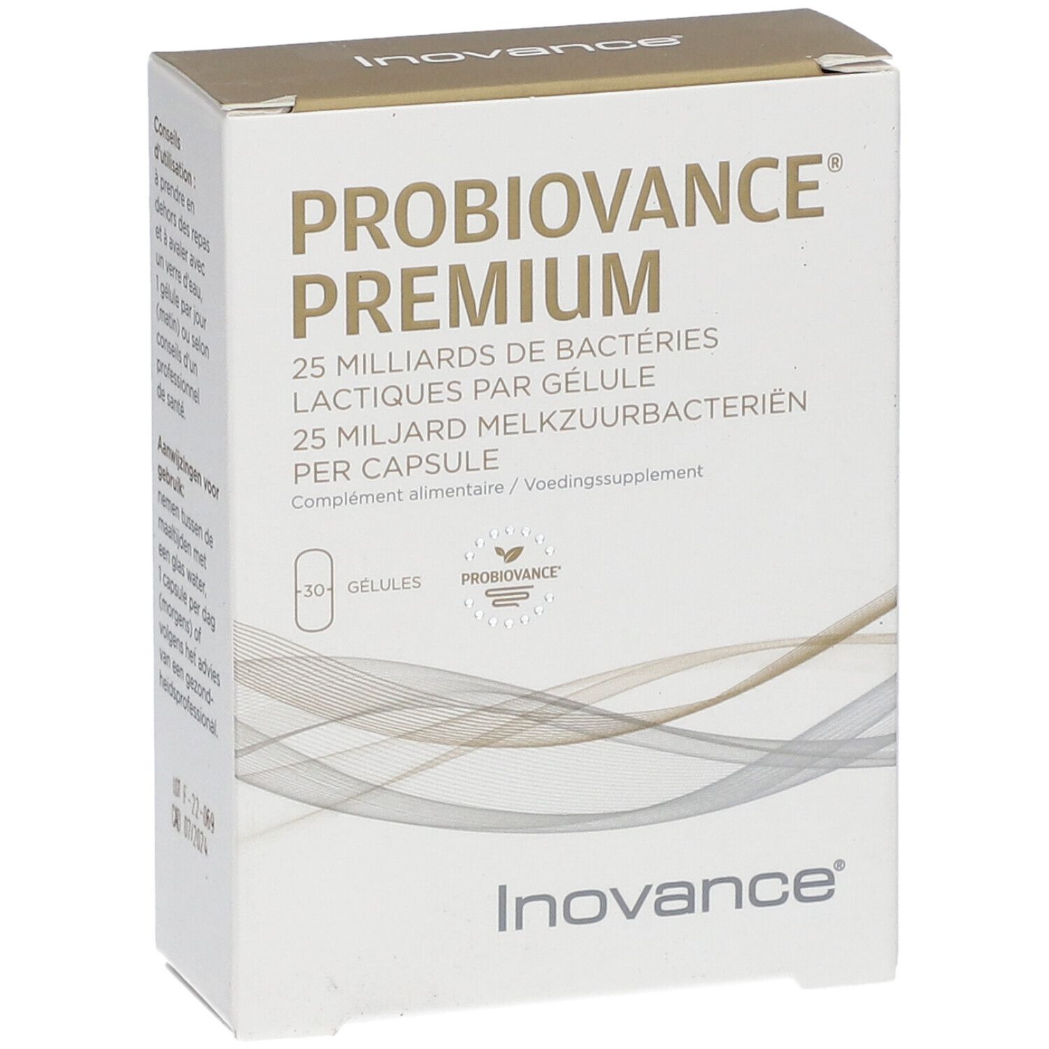Verpakking "Probiovance Premium". Tekst: "25 miljard melkzuurbacteriën per capsule" en "30 capsules". Logo en naam.