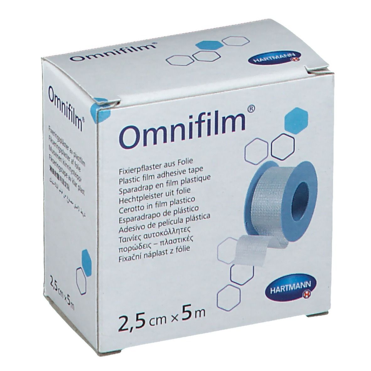 Emballage Omnifilm® avec rouleau de 2,5 cm x 5 m. Marque Hartmann. Boîte blanche et bleue avec nom et logo du produit.