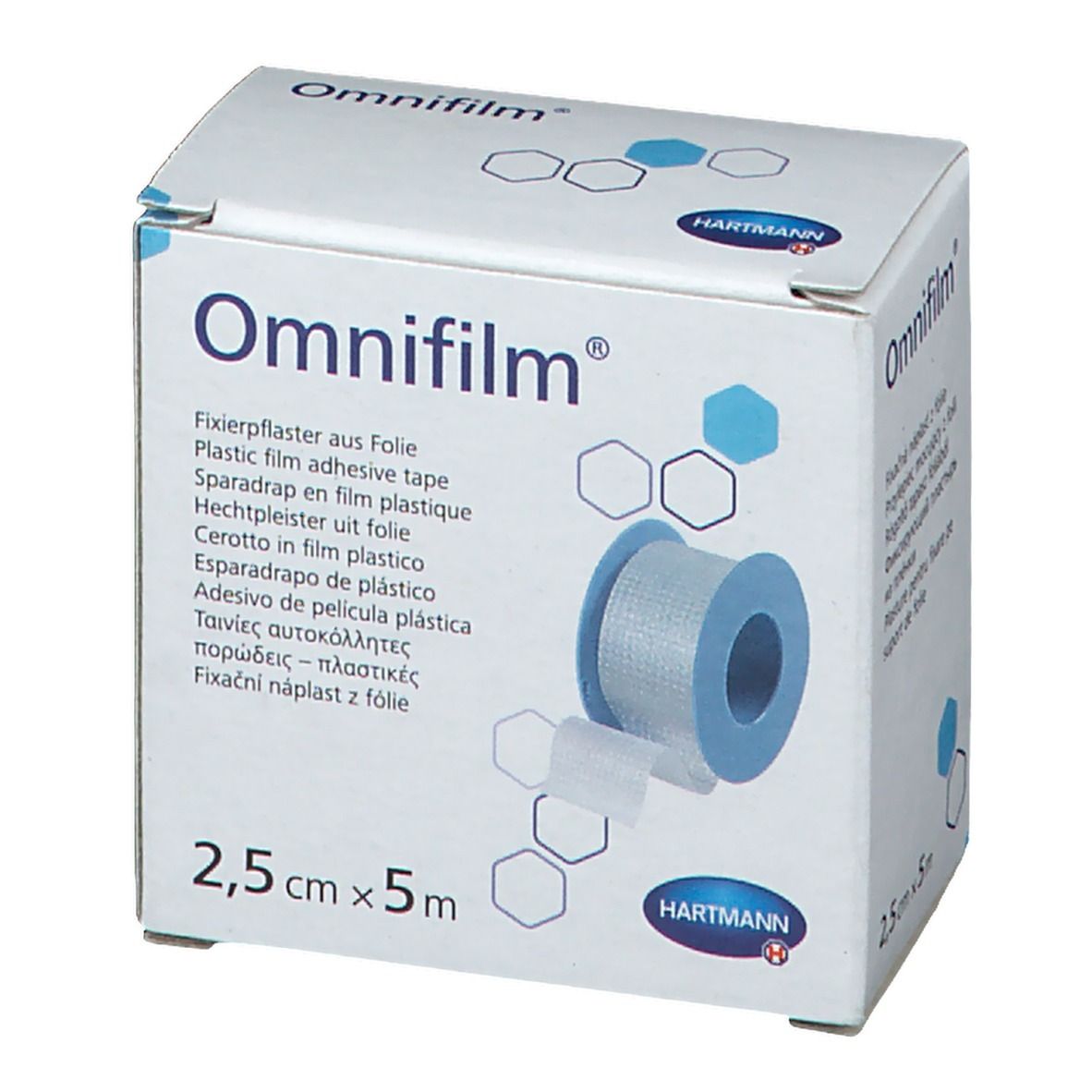 Emballage Omnifilm® avec rouleau de 2,5 cm x 5 m. Marque Hartmann. Boîte blanche et bleue avec nom et logo du produit.