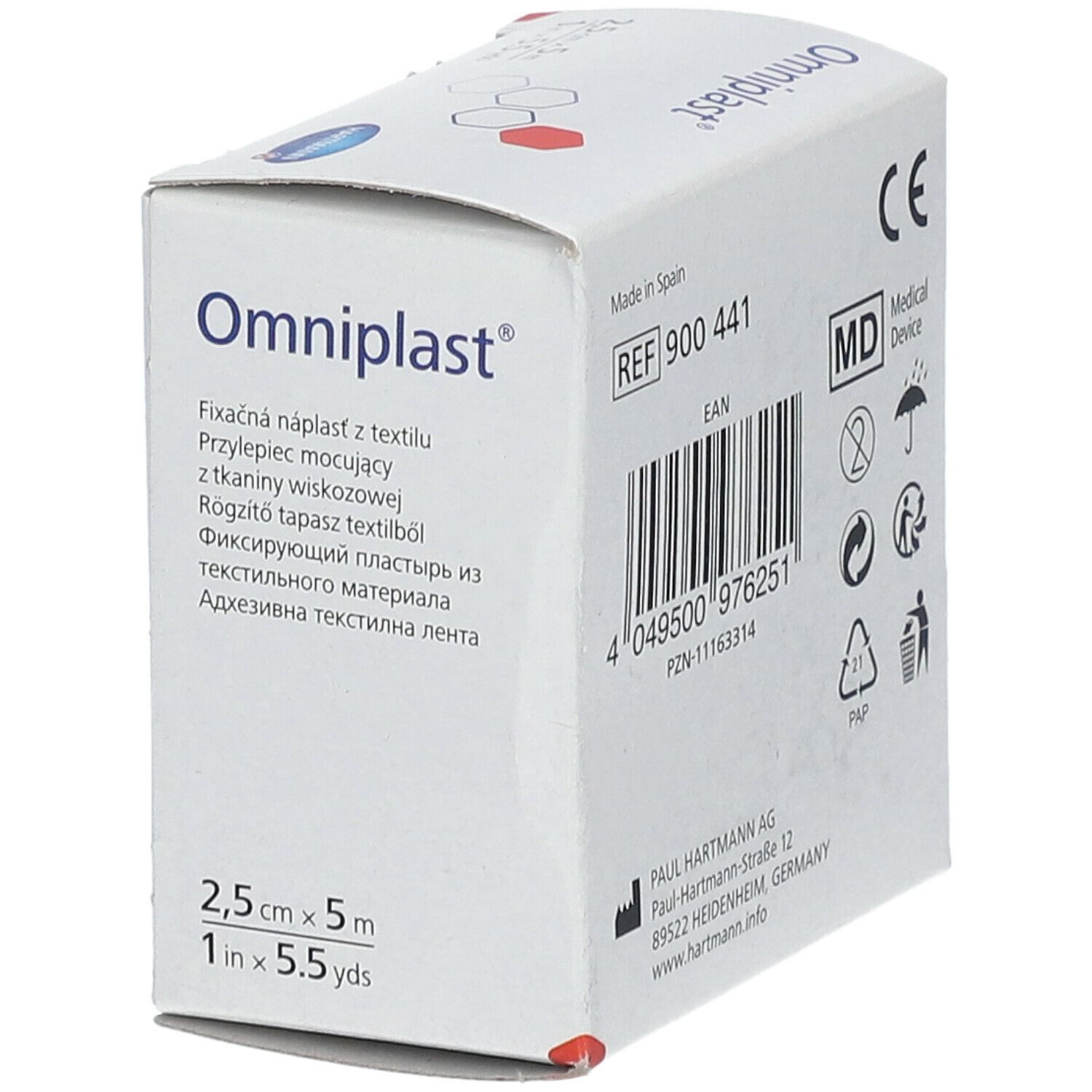 Emballage Omniplast®. Adhésif textile, 2,5 cm x 5 m. Marquage CE, symbole MD. Fabricant : Paul Hartmann AG.