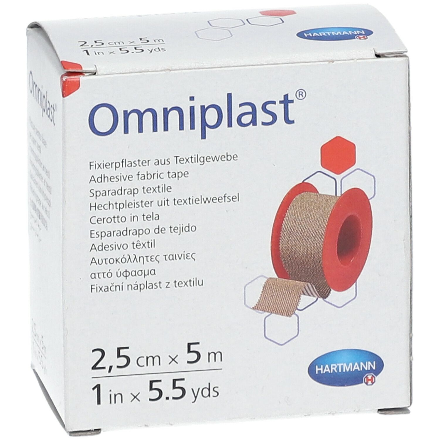 Omniplast® adhésif textile en boîte. Rouleau de 2,5 cm x 5 m. Tissu beige sur bobine rouge. Logo Hartmann.