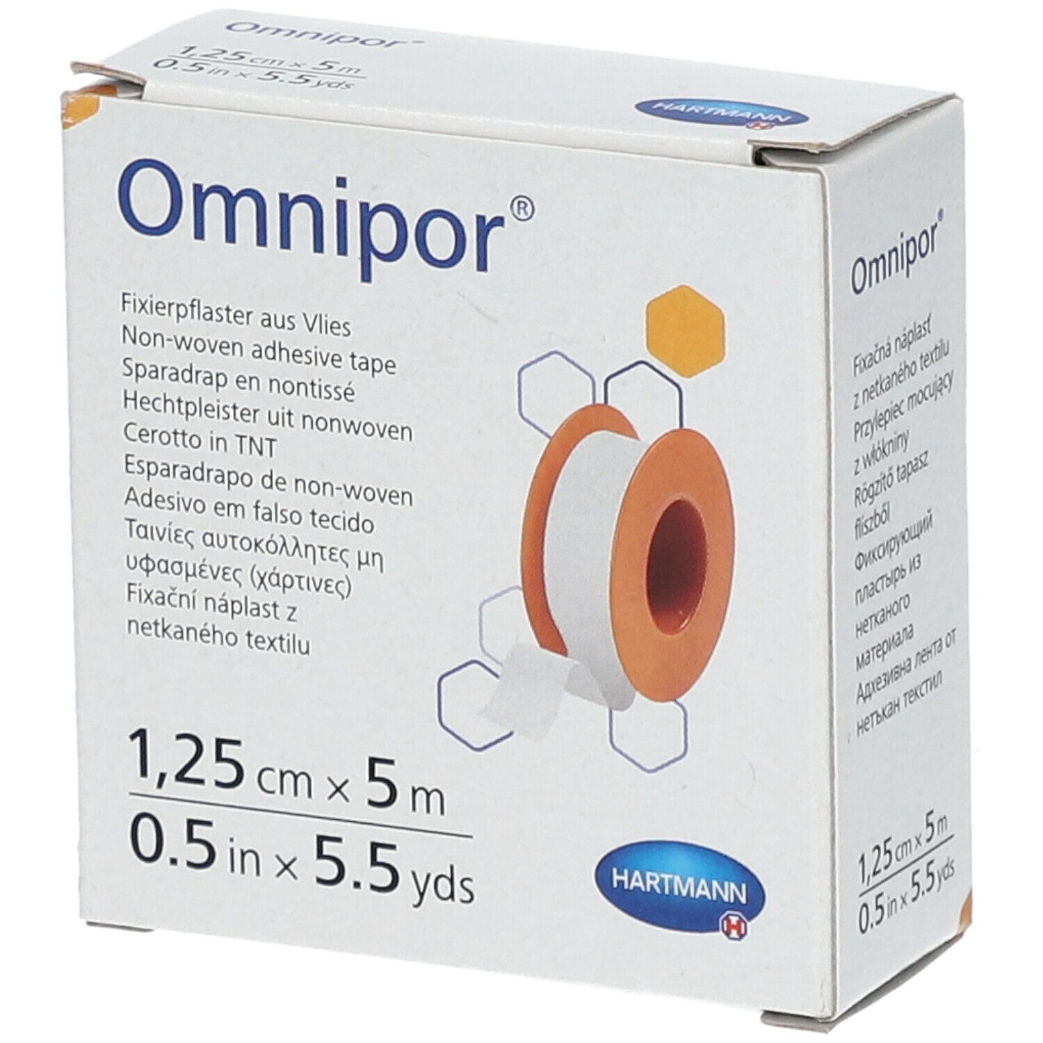 Boîte de pansement adhésif Omnipor®. Dimensions : 1,25 cm x 5 m. Logo Hartmann. Image du produit.