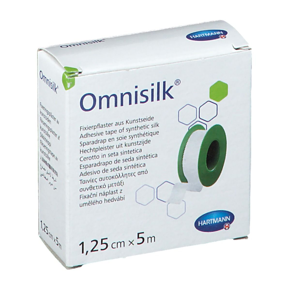 Emballage Omnisilk. Ruban adhésif en soie synthétique, 1,25 cm x 5 m. Marque et nom du produit visibles.