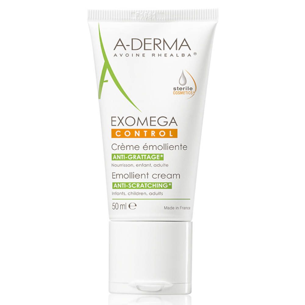 A-Derma EXOMEGA CONTROL Creme. Weiße Tube mit grünem Logo. Enthält 50 ml. Aufschrift: Anti-Gratto, Emollient Cream.