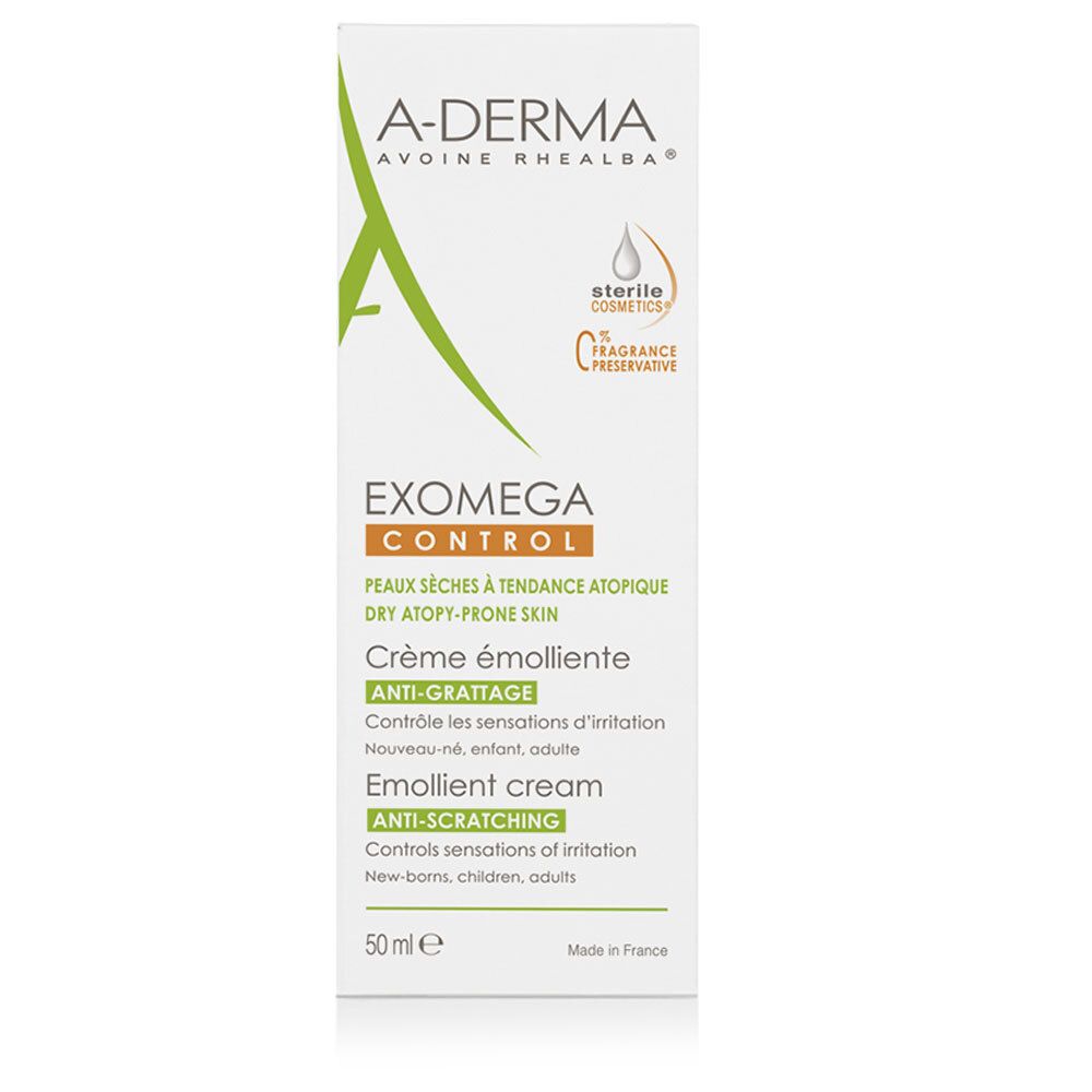 A-Derma EXOMEGA CONTROL Verpackung. Weißer Karton mit grünem Logo. Aufschrift: Crème émolliente, Anti-Gratto, 50 ml.