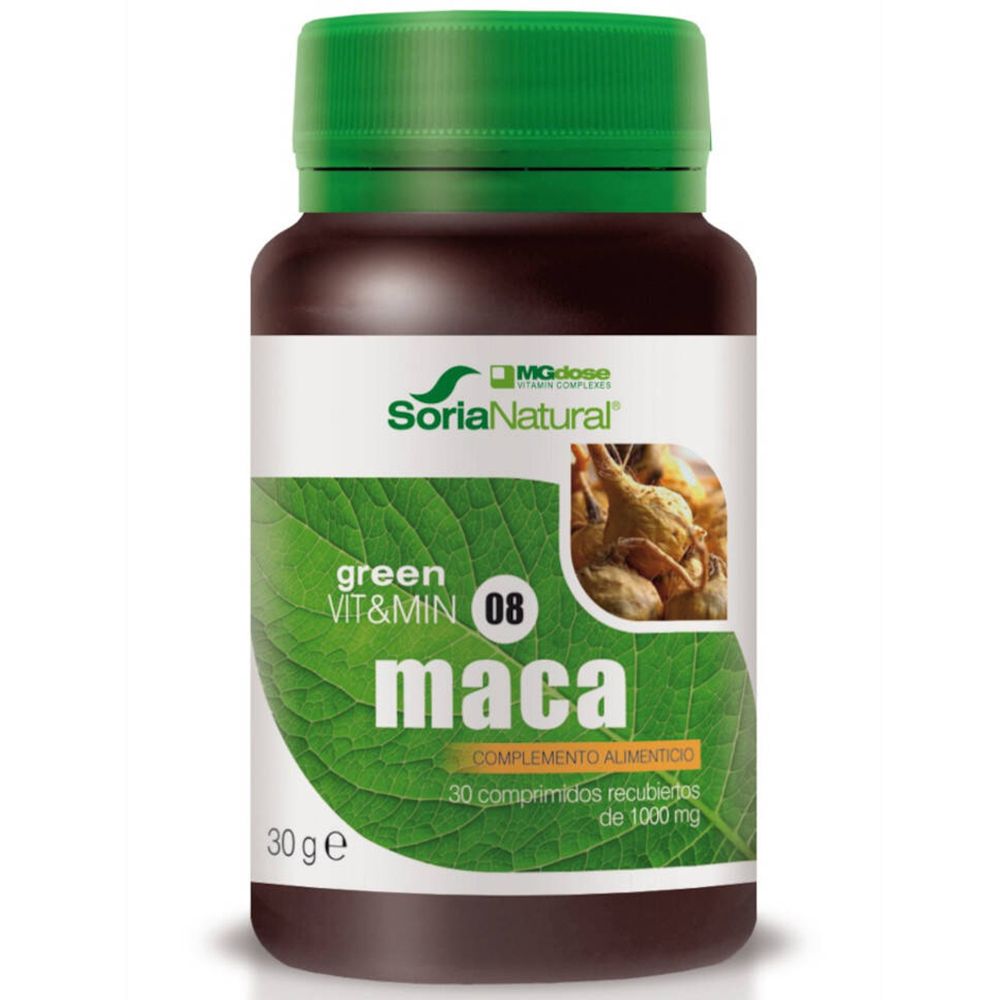 Flacon brun avec bouchon vert. Étiquette avec informations produit et logo Soria Natural. Contient des comprimés.