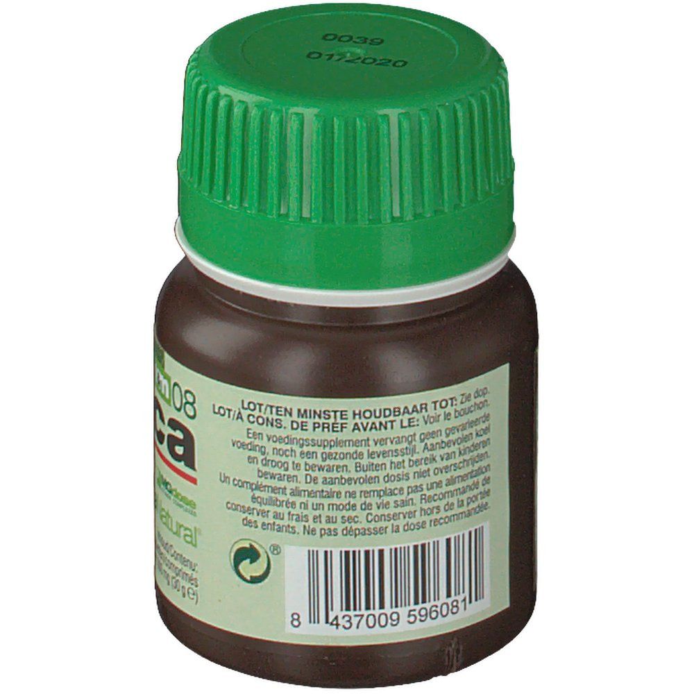 Dos d'un flacon marron avec bouchon vert. Contient des informations produit et un code-barres.
