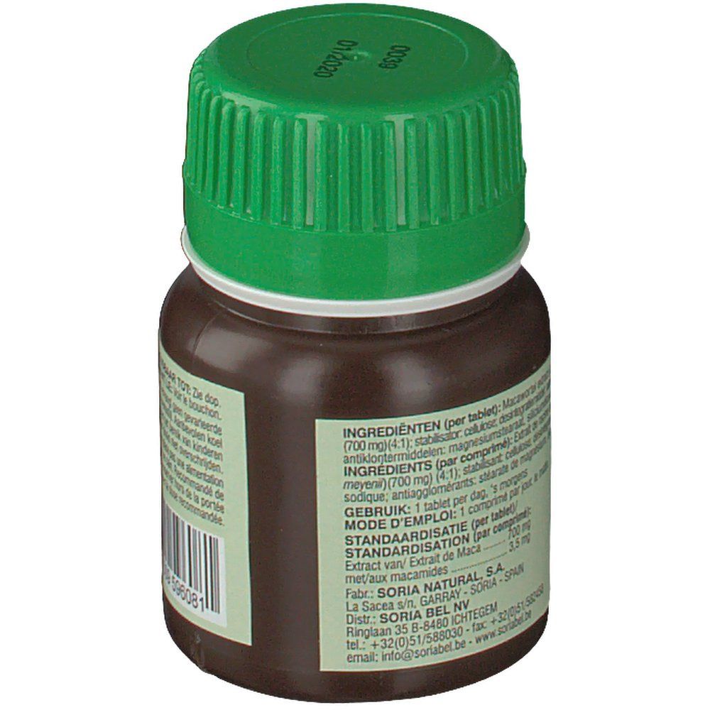Dos d'un flacon marron avec bouchon vert. Contient des informations produit et des ingrédients.