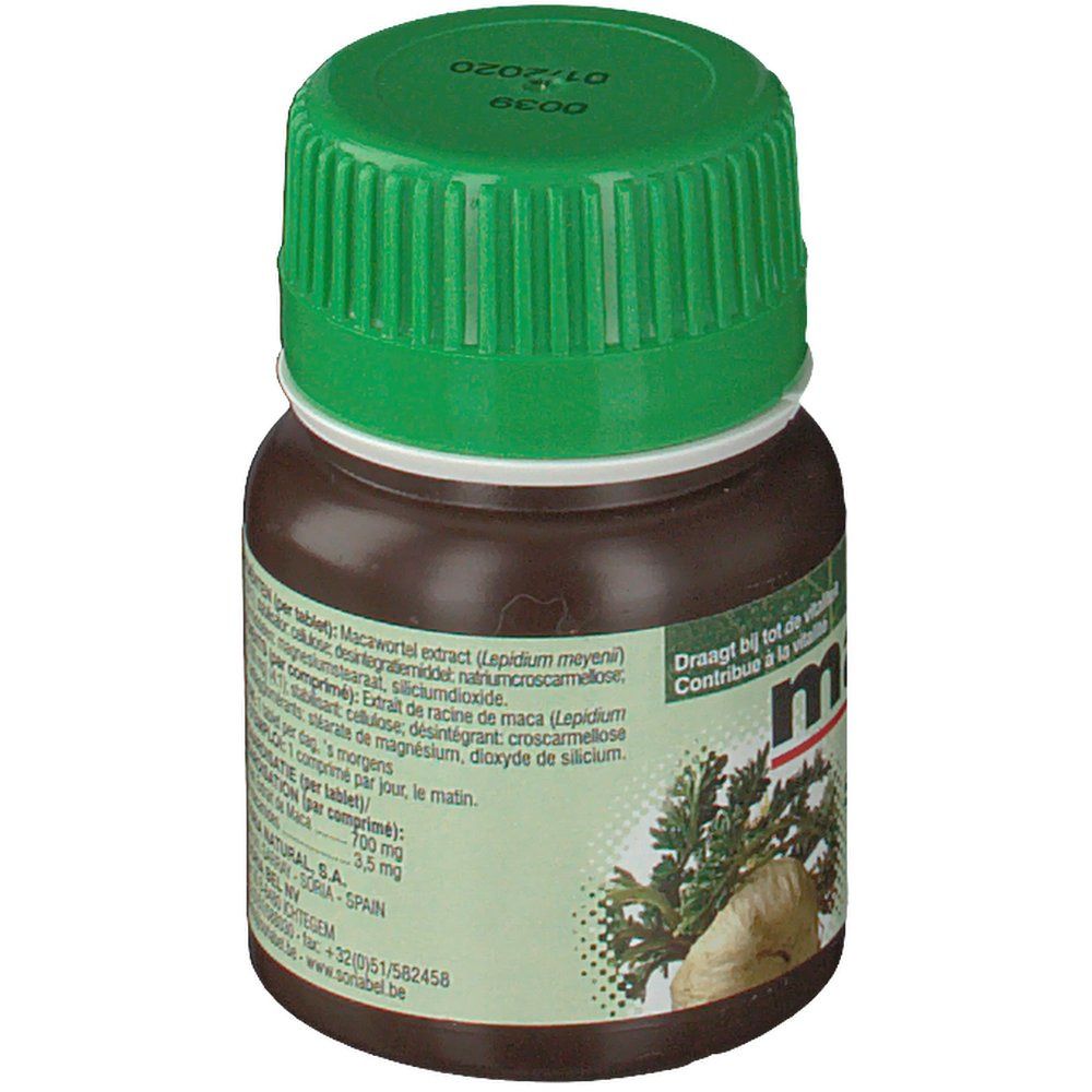 Dos d'un flacon marron avec bouchon vert. Contient des informations produit et des ingrédients.