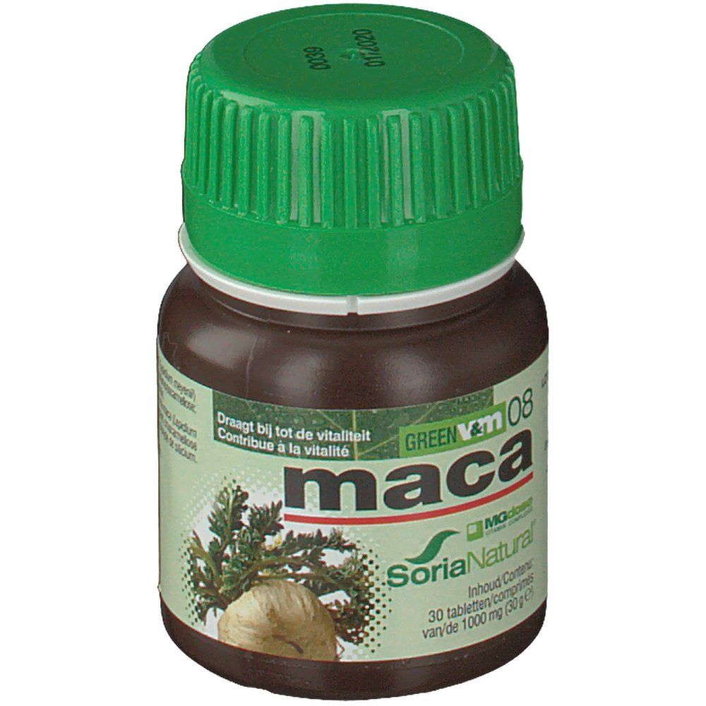 Flacon marron avec bouchon vert. Étiquette avec nom du produit et logo Soria Natural.