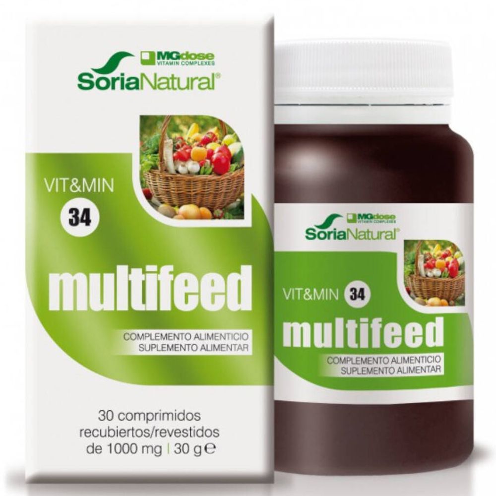Flacon et boîte bruns avec impression du produit. Inscription : SoriaNatural, VIT&MIN 34, multifeed. 30 comprimés.