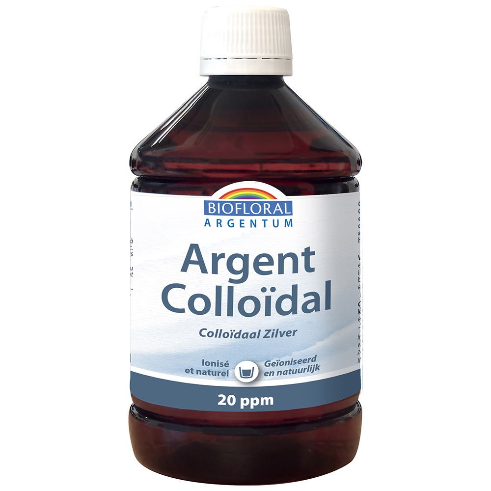 Flacon brun, bouchon blanc. Inscription: Argent Colloïdal, 20 ppm. Marque: BIOFLORAL Argentum.