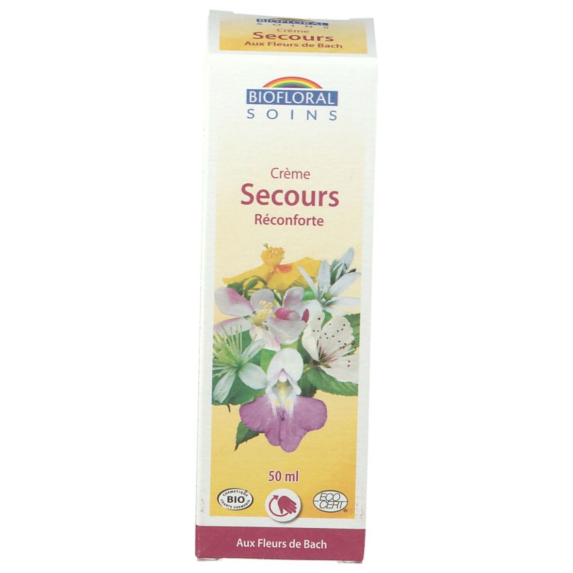 Kartonnen verpakking met bloemendesign. Opschrift: Crème Secours, 50 ml. Bio-certificering.