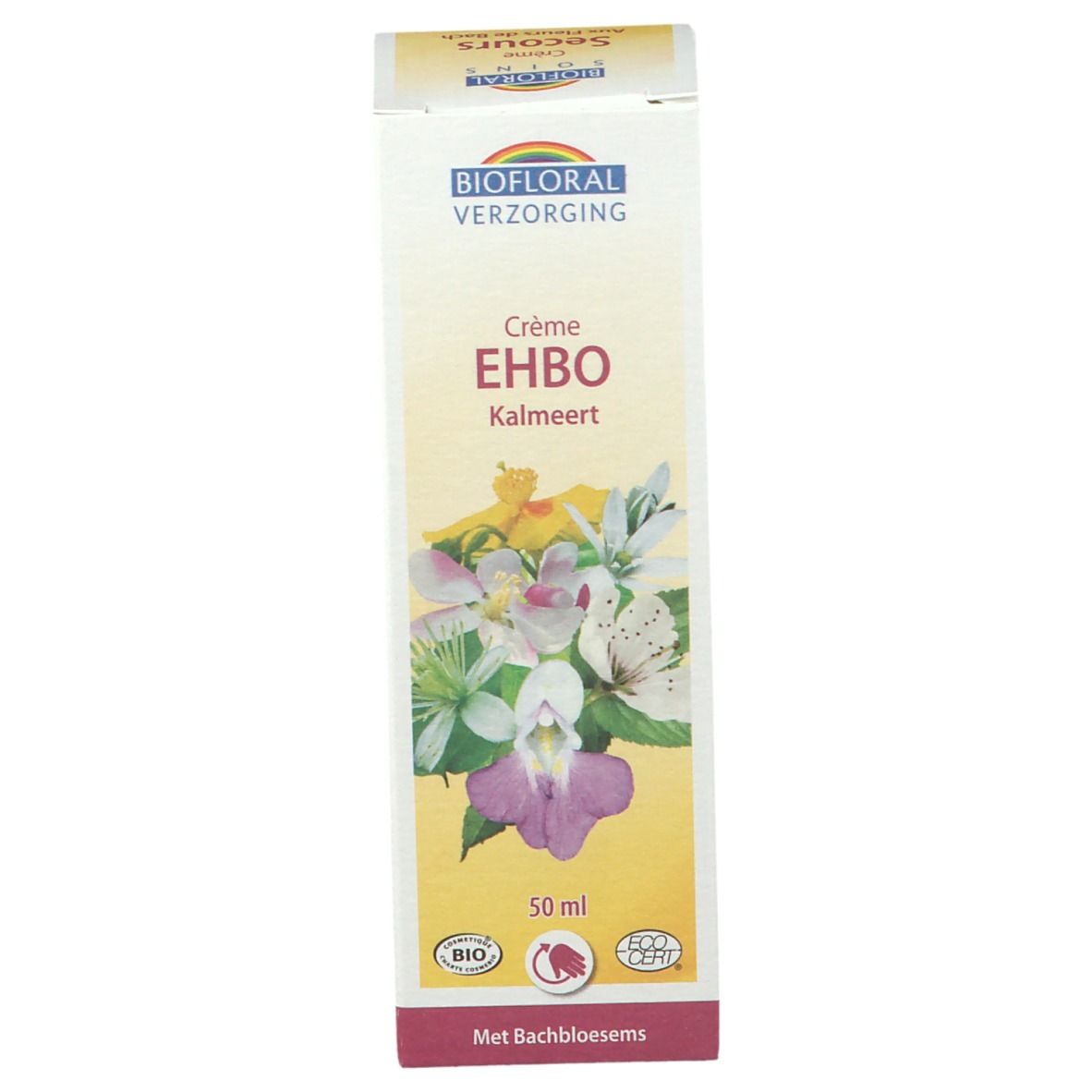 Kartonnen verpakking met bloemendesign. Opschrift: Crème EHBO Kalmeert, 50 ml. Bio-certificering.