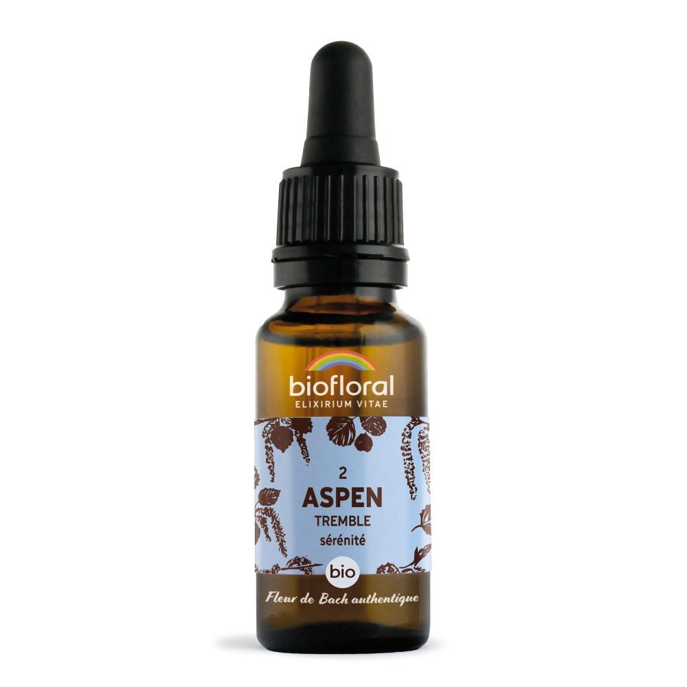 Bruine glazen fles met druppelaar. Etiket met productnaam, 'Aspen' en 'BIO'.
