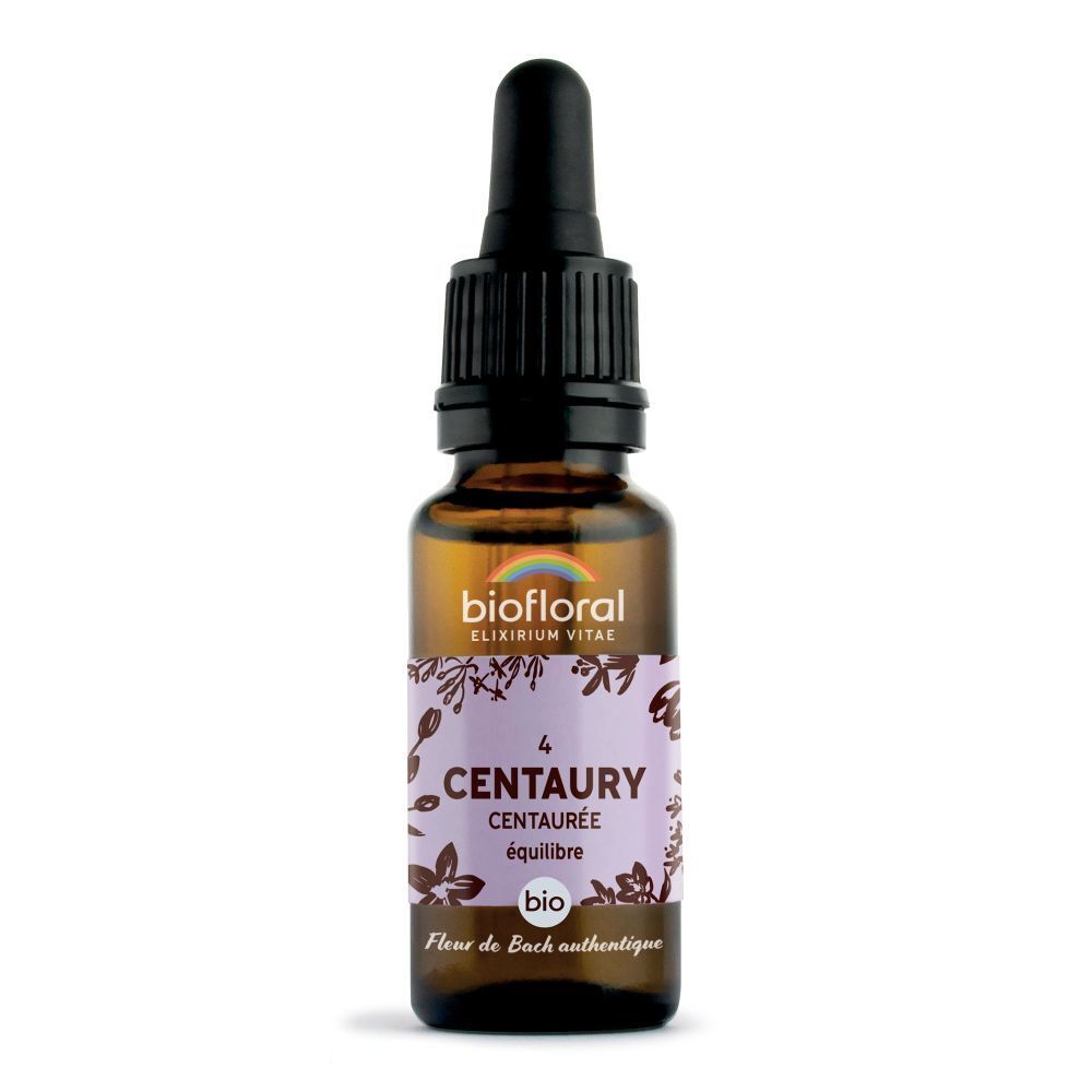 Bruine glazen fles met druppelaar. Etiket met productnaam, BIOFLORAL-logo en Centaury-aanduiding.