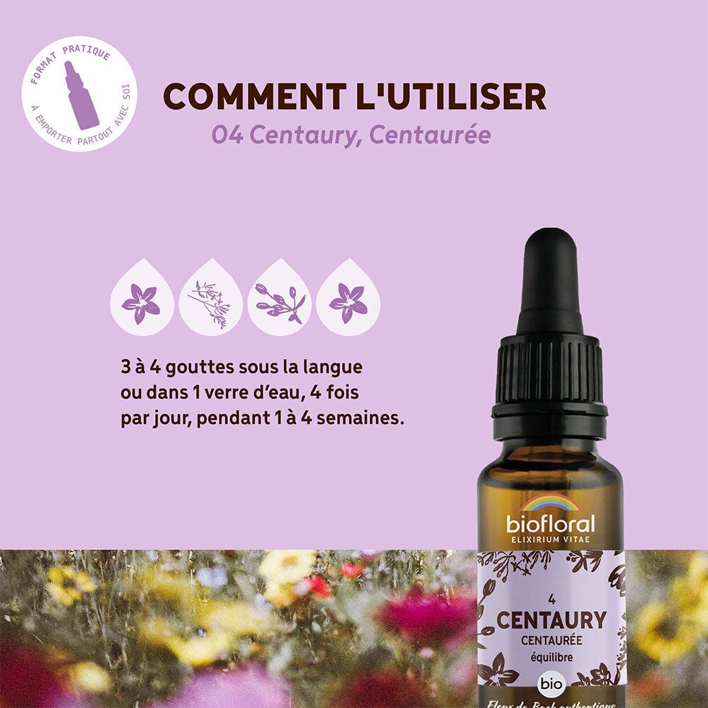 Fond violet avec flacon et texte. Instructions d'utilisation de Centaury.