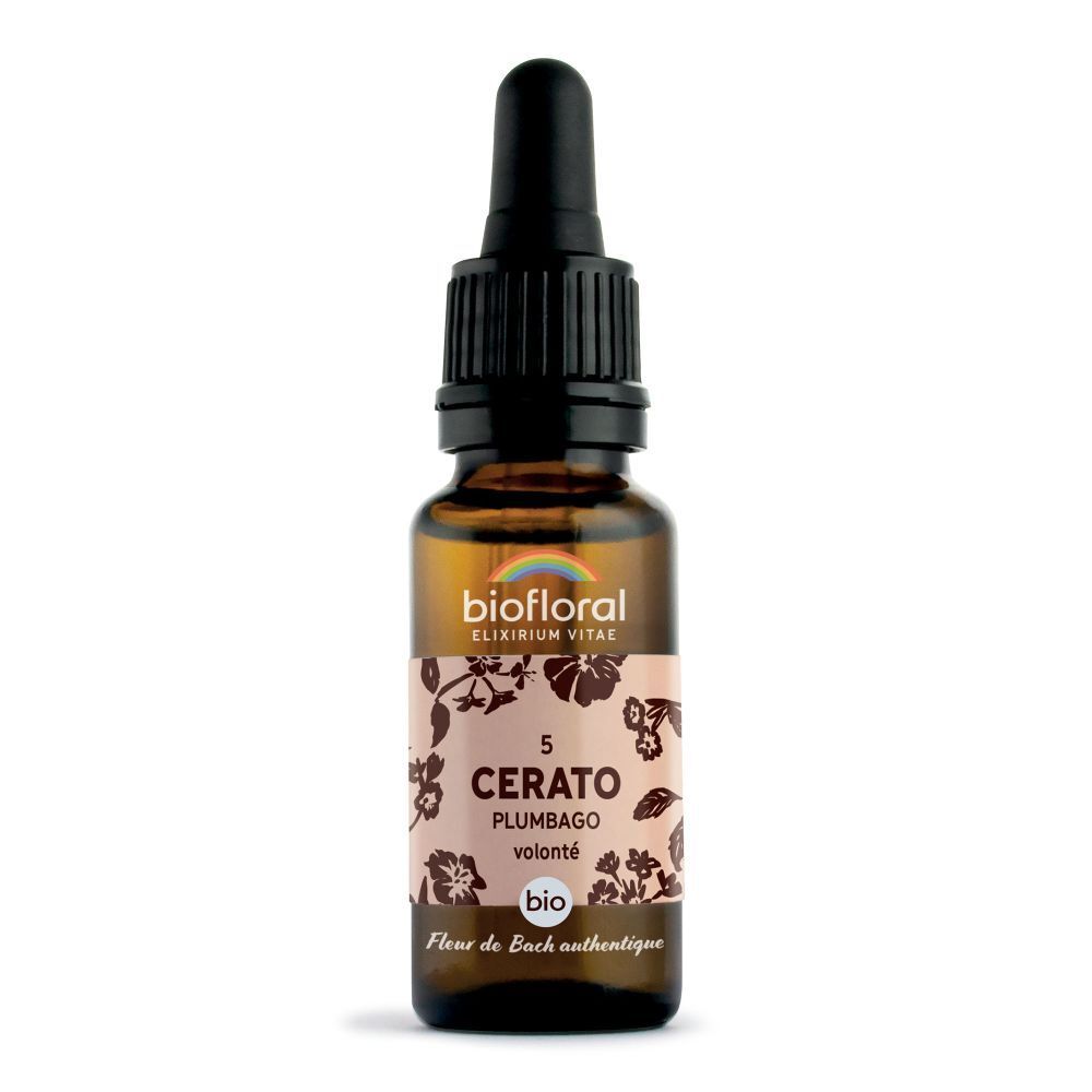 Bruine glazen fles met druppelaar. Etiket met productnaam, bloemmotief en bio-label.