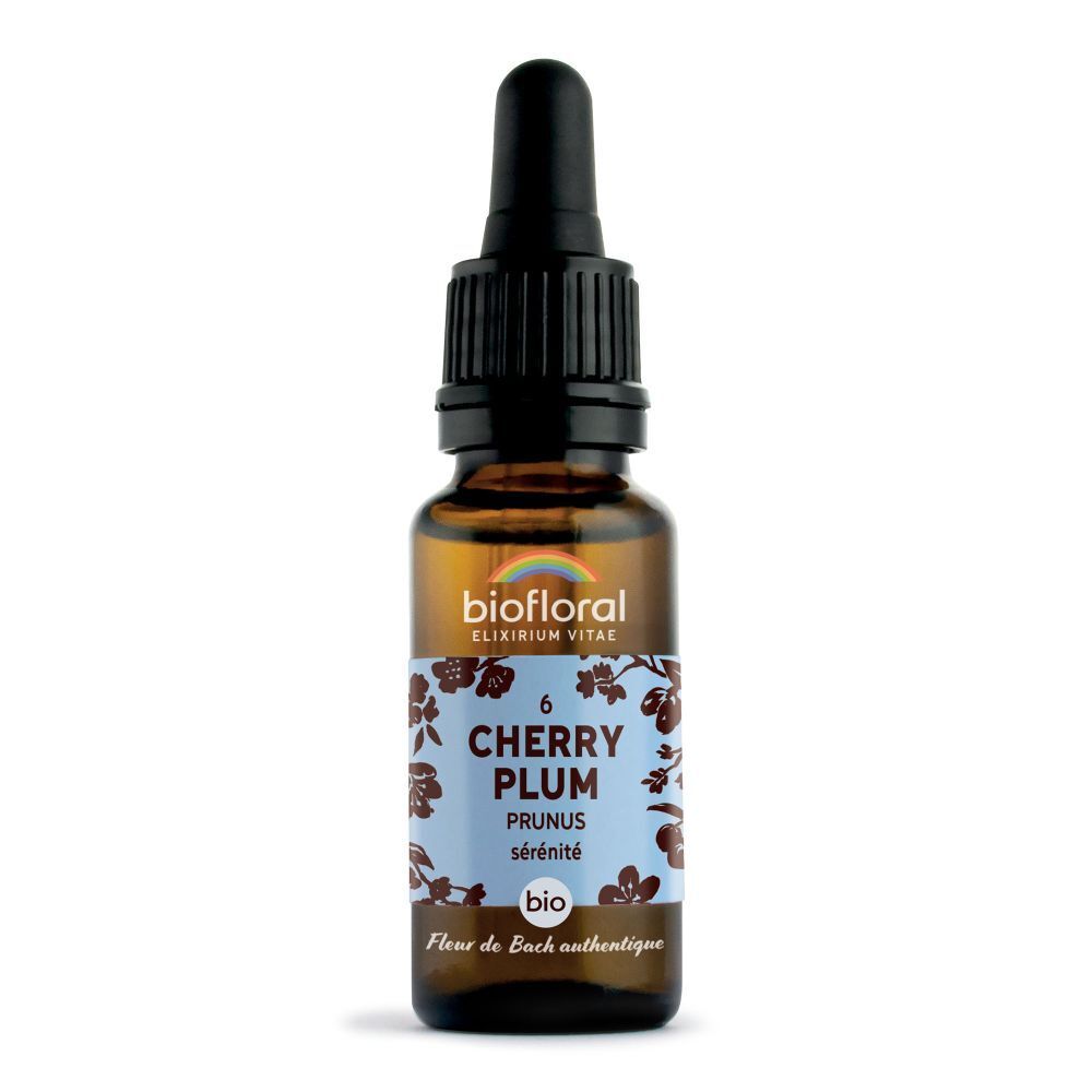 Bruine glazen fles met druppelaar. Etiket met productnaam, kersenbloesemmotief en bio-logo.