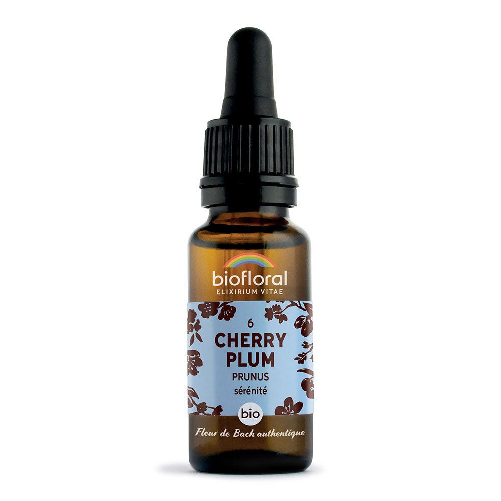 Bruine glazen fles met druppelaar. Etiket met productnaam, kersenbloesemmotief en bio-logo.