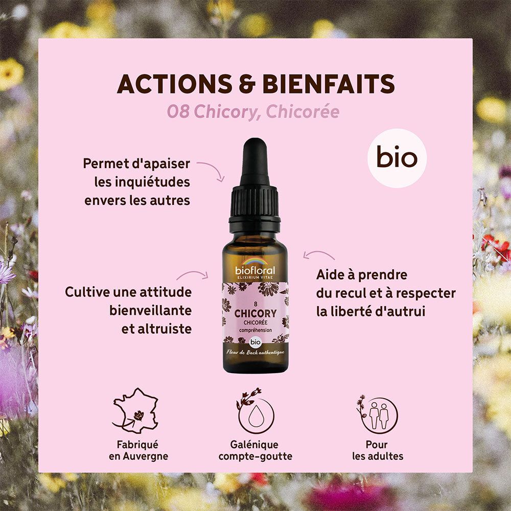 Fles op roze achtergrond. Tekst met acties en voordelen. BIO-certificering. Gemaakt in Auvergne.