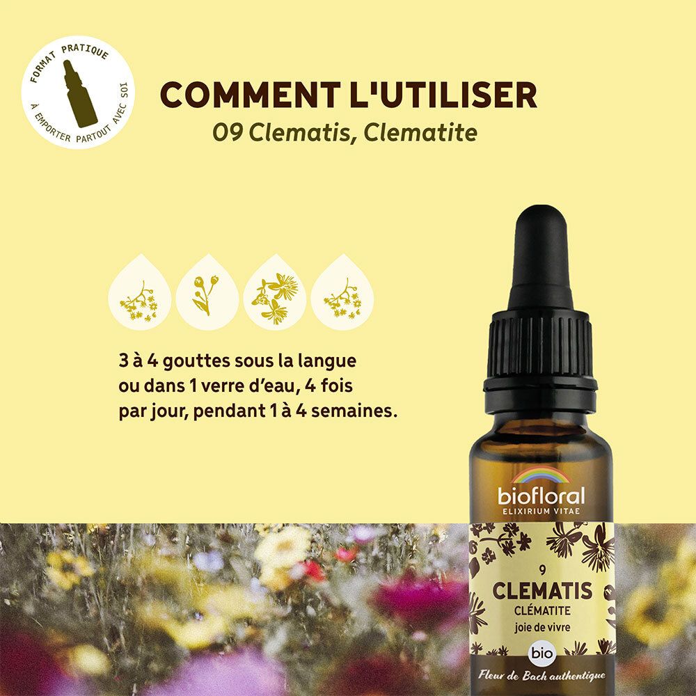 Flacon avec compte-gouttes sur fond jaune. Texte : Comment l'utiliser, 3-4 gouttes sous la langue ou dans l'eau, 4 fois par jour.