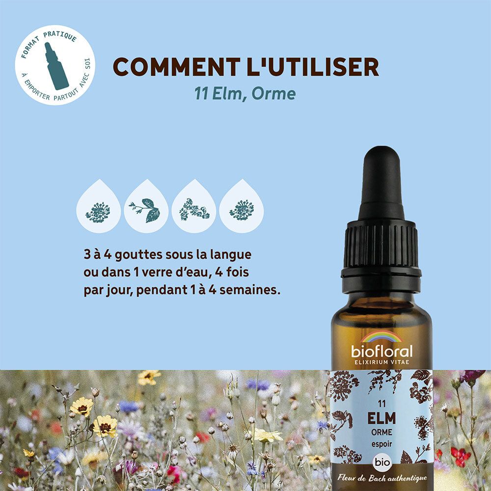 Produit avec texte et illustrations sur fond bleu. Texte: Comment l'utiliser, Elm, Orme. Illustrations.