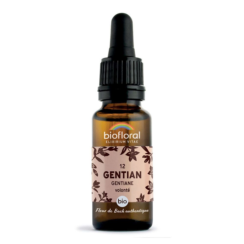 Flacon en verre brun avec compte-gouttes. Étiquette avec nom du produit et motif floral. Certification BIO.