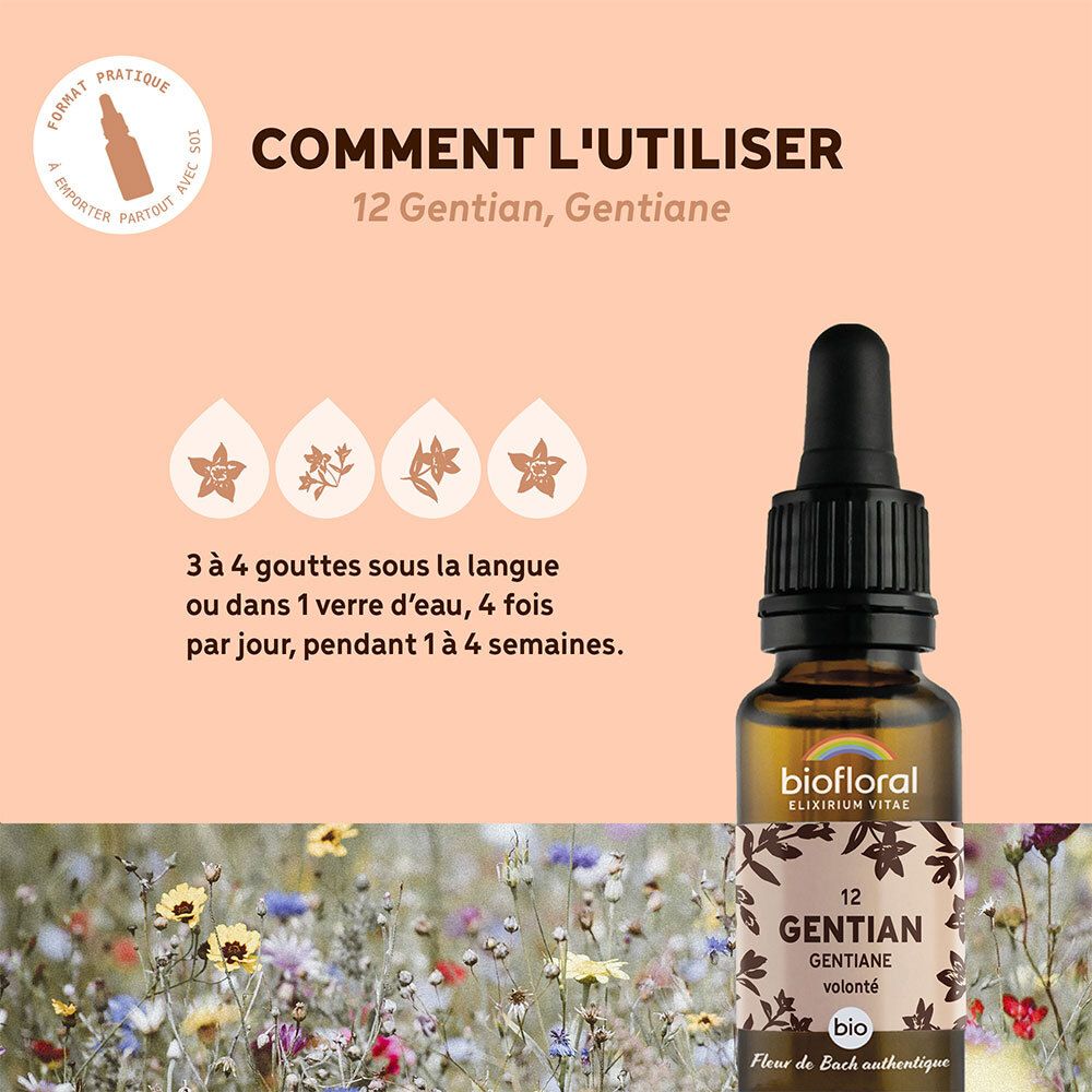 Flacon avec compte-gouttes entouré de texte et de graphiques. Instructions d'utilisation : 3-4 gouttes sous la langue.