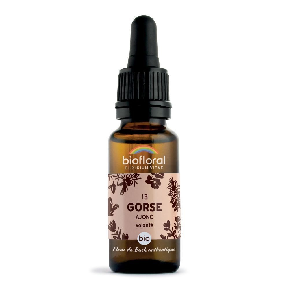 Bruine glazen fles met druppelaar. Etiket met bloemmotief, tekst: 13 Gorse, Ajonc, volonté, bio.