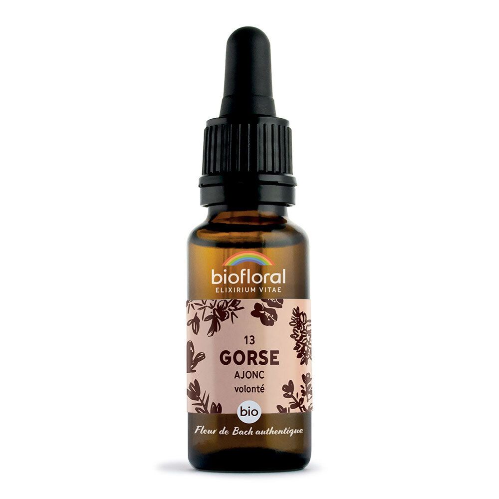 Bruine glazen fles met druppelaar. Etiket met bloemmotief, tekst: 13 Gorse, Ajonc, volonté, bio.