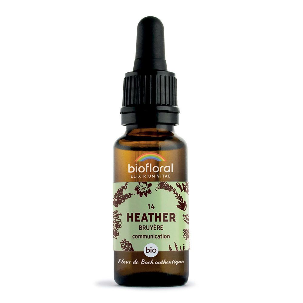 Flacon brun avec compte-gouttes. Étiquette "BIOFLORAL", "14 Heather", et "BIO".