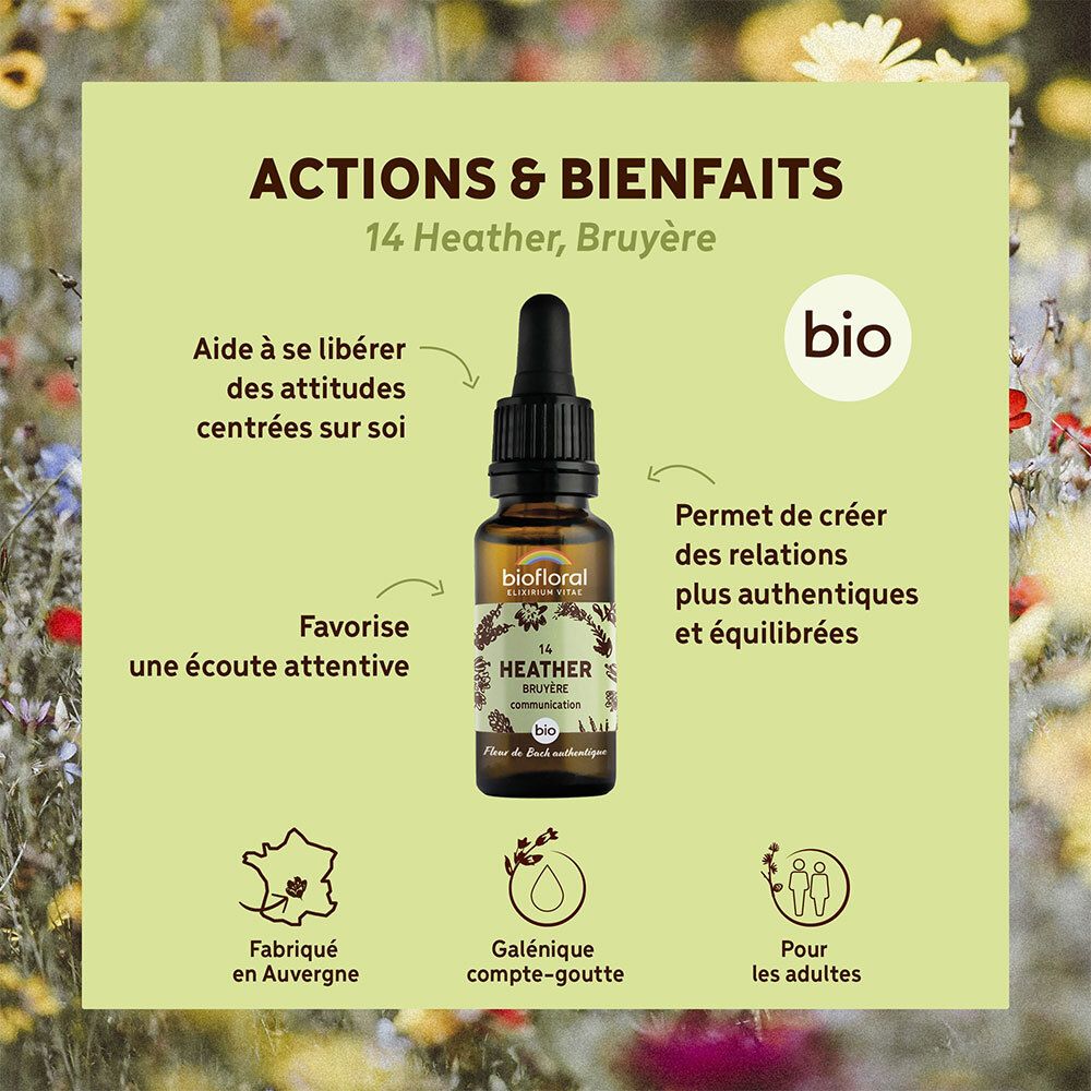 Flacon sur fond vert avec texte. Texte : "ACTIONS & BIENFAITS", "14 Heather, Bruyère", et "BIO".